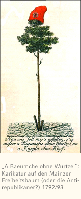 Karikatur (unklar ob opponierend oder verteidigend) zum Mainzer Freiheitsbaum, um 1792/93